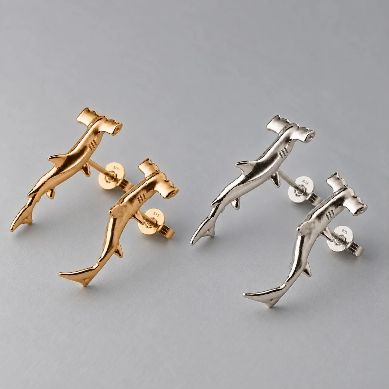 Hammerhead Shark studs in solid gold and sterling silver